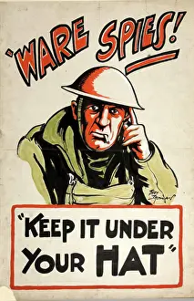 Precaution Prints: Ware spies! Keep it under your hat, World War II poster, 1939-1946
