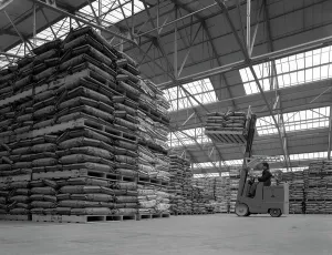 Warehouse scene with forklift truck, Spillers Foods, Gainsborough, Lincolnshire, 1961