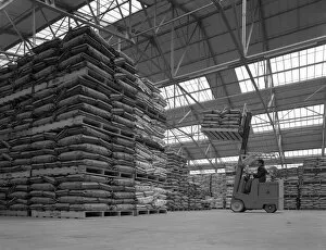 Animal Feed Gallery: Warehouse scene with forklift truck, Spillers Foods, Gainsborough, Lincolnshire, 1961