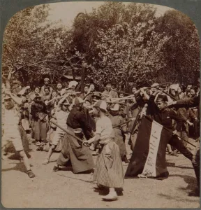Baton Gallery: Warlike spirit of youthful Japanese Schoolboys in Ueno Park, Tokyo, Japan, 1904