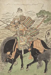 Sasuke Prints: Warrior Mounted on a Black Horse (image 1 of 2), c1780s. Creator: Kitao Shigemasa