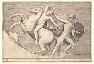 Veneziano Prints: Warrior Pulling a Rider from His Horse, from Ex Antiquis Camorum et Ge