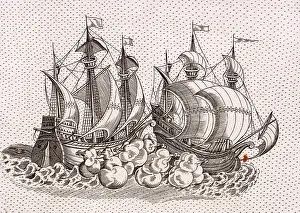 Galleon Prints: Two warships firing at each other, 1583. Creator: Christopher Saxton
