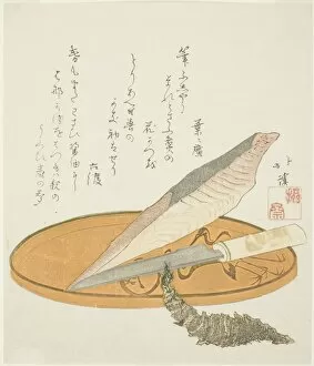 Knife Gallery: Wasabi root with dried bonito and knife on a lacquer tray, early 1820s