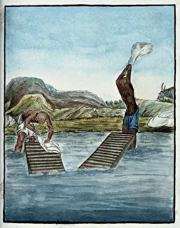Cleaning Prints: Two washer-men cleaning clothes by beating them against washing racks in a river