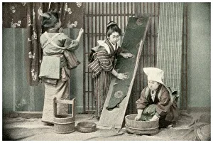 Captain F Brinkley Prints: Washing kimonos, Japan, 1904