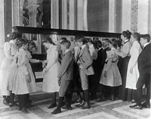 Schoolgirls Prints: Washington, D.C. public schools - museum field trip - viewing exhibit case of George Wa