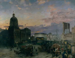 Indianapolis Prints: Washington Street, Indianapolis at Dusk, 1892-1895. Artist: Groll, Theodor (1857-1913)