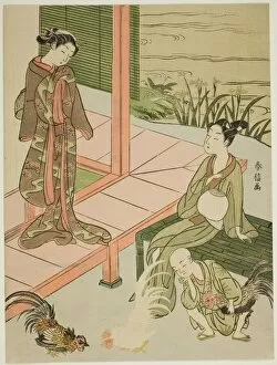 Blood Sports Gallery: Watching a Cockfight at the Edge of the Veranda, c. 1767 / 68. Creator: Suzuki Harunobu