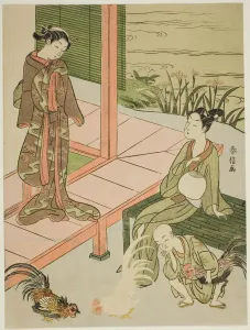 Cock Fight Prints: Watching a Cockfight at the Edge of the Veranda, c. 1767 / 68. Creator: Suzuki Harunobu