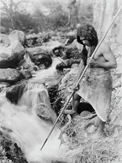 Ray Finned Fish Prints: Watching for salmon-Hupa, c1923. Creator: Edward Sheriff Curtis