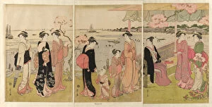 Tide Gallery: Watching the Shellfish Gathering during Low Tide at Shinagawa... late 18th-early 19th century
