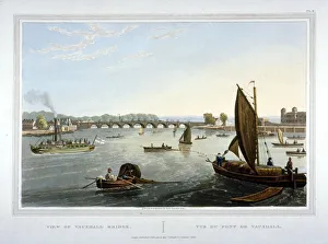 Havell Prints: Water craft on the River Thames with Vauxhall Bridge in the distance, London, 1821