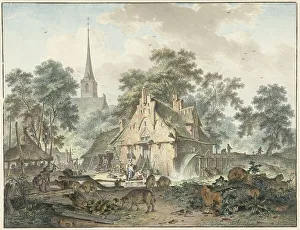Water Mill Prints: Water mill and village church, 1777. Creator: Hendrik Meijer