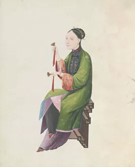 Cymbals Gallery: Watercolour of musician playing bo, late 18th century. Creator: Unknown
