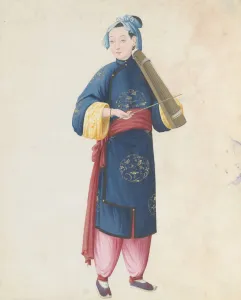Watercolour of musician playing bowed qin(?), late 18th century. Creator: Unknown