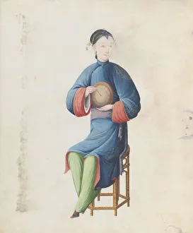Watercolour of musician playing diangu, late 18th century. Creator: Unknown