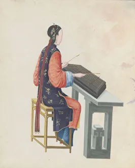 Dulcimer Prints: Watercolour of musician playing yangqin, late 18th century. Creator: Unknown