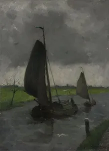 Sayings Prints: Watercourse with Sail Barges, 1885-1912. Creator: Johann Eduard Karsen