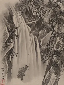 Kawanabe Kyosai Prints: Waterfall, Eagle and Monkey, ca. 1887. Creator: Kawanabe Kyosai