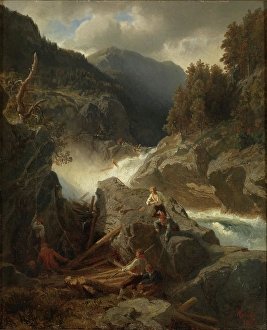 Lifting Prints: Waterfall with Loggers, 1859. Creator: Hans Gude