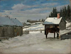 Outbuilding Prints: Watering a horse, winter picture, 1879. Creator: Adolf von Becker