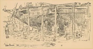 Boatbuilding Gallery: On the Ways, 1918. Creator: Frederick Childe Hassam