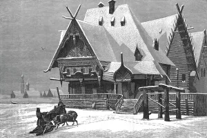 Log Building Prints: Wayside Inn in Russia; A Journey on the Volga, 1875. Creator: Nicholas Rowe