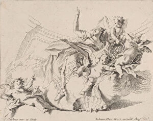 Carlo Innocenzo Collection: Wealth, represented by a woman seated on clouds and surrounded by putti, one of whom is