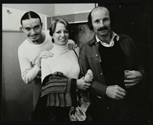 Weather Report band members Jaco Pastorius and Joe Zawinul with Jacki Kirkham-Pamflett at the Odeon