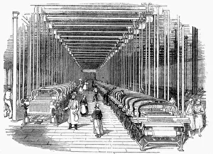 Textile Mill Prints: Weaving shed fitted with rows of power looms driven by belt and shafting, c1840