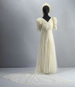 Headdresses Prints: Wedding dress worn by Lollaretta Pemberton with veil and headpiece, 1939