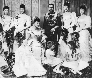 Bridesmaid Prints: The wedding group of King George and Queen Mary, 6 July 1893