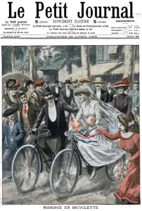Wedding party on bicycles led by the bride and bridegroom, Nice, France, 1909