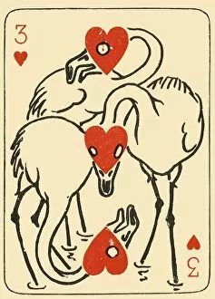 Three weird cranes formed out of the three of hearts, 1910. Creator: Starr Wood