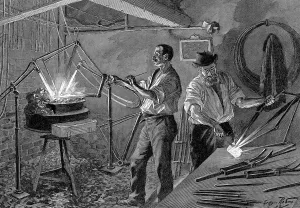 Welding a bicycle frame, France, 1896