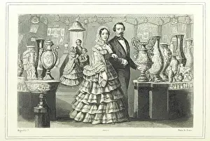 Crinoline Prints: Well-to-do French couple looking at vases, 1865. Creator: Unknown
