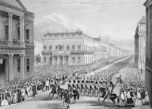 Pall Mall Gallery: Wellingtons funeral procession passing the Senior United Service Club, Pall Mall, London, 1852