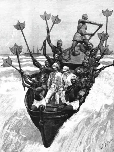 The West Coast of Africa - Landing in a Surf Boat at Accra, 1891. Creator: Joseph Nash