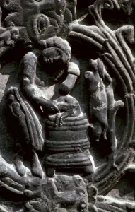 Midi Pyrenees Collection: Detail of the west doorway of the Abbey-Church of St Foy, 8th century