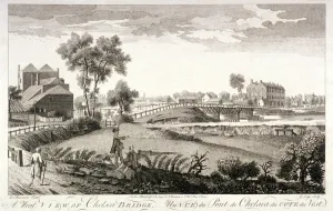 Lodge Prints: West view of Chelsea Bridge, London, c1760. Artist: William Lodge