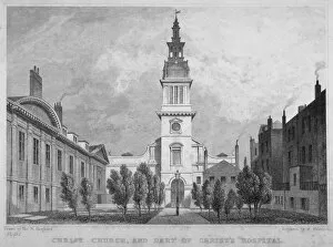Newgate Street Gallery: West view of Christ Church, Newgate Street, with part of Christs Hospital, City of London, 1830