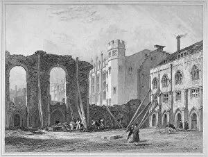Christs Hospital School Gallery: West view of Christs Hospital, with ruins of some of the old buildings, City of London, 1825