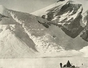 Shackleton Prints: Western Partys camp on December 28 below a hanging glacier at the Cathedral rocks, 1909