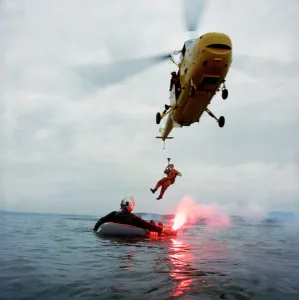Lowering Prints: Westland Whirlwind helicopter making a rescue, 1973. Artist: Michael Walters