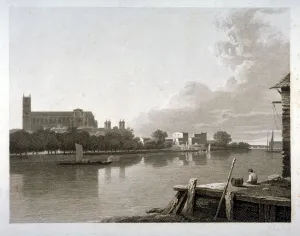 Samuel Rawle Prints: Westminster Abbey from the opposite side of River Thames, London, c1800