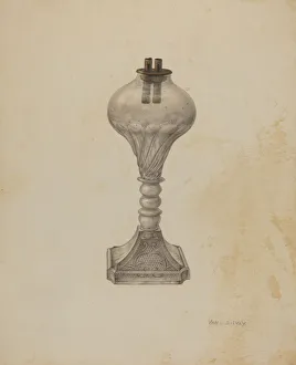 Lamp Stand Prints: Whale Oil Lamp, c. 1941. Creator: Van Silvay
