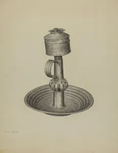 Graphite On Paper Prints: Whale Oil Peg Lamp and Stand, c. 1940. Creator: Neva Coffey