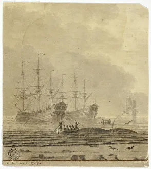 Whale Prints: Whaling Ships and Small Boats with Whale, 1769. Creator: Cornelis Ouboter van der Grient