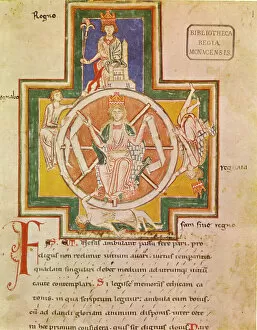Medieval Illuminated Letter Gallery: The Wheel of Fortune (Rota Fortunae) from Carmina Burana, ca 1230. Artist: Anonymous